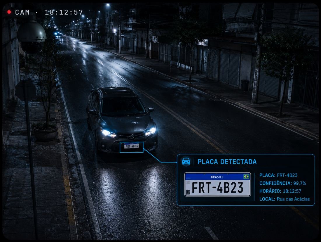 Estacionamento à noite com veículo enquadrado pela câmera e a placa em destaque no painel de leitura