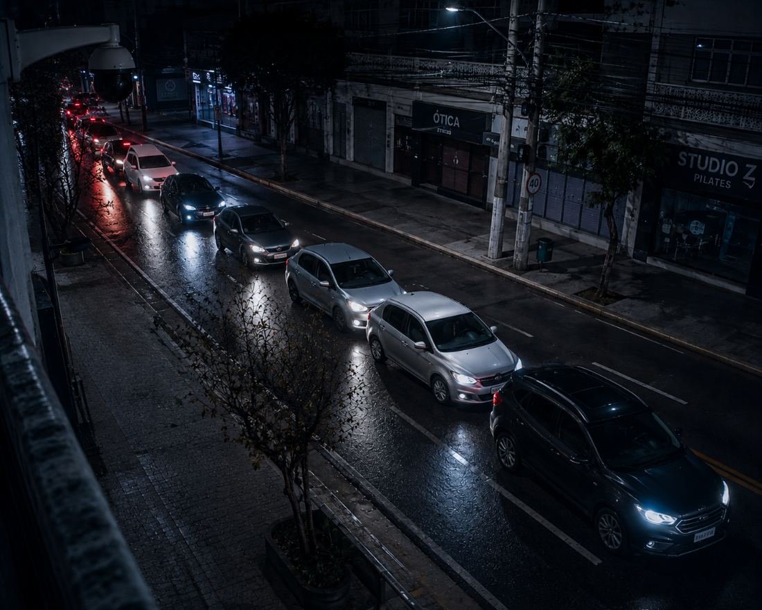 Fila de veículos parados em via monitorada, cada carro marcado por moldura azul de detecção