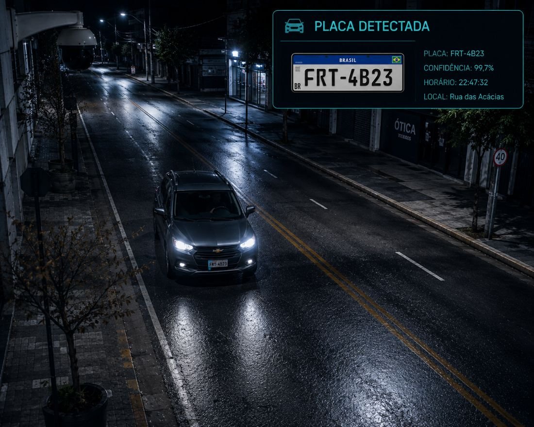 Placa de veículo lida pela câmera à noite, com painel exibindo os caracteres reconhecidos