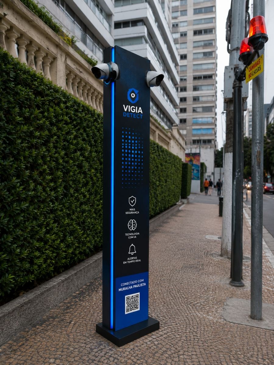 Totem inteligente da VigIA Detect instalado na calçada, com duas câmeras voltadas para a via