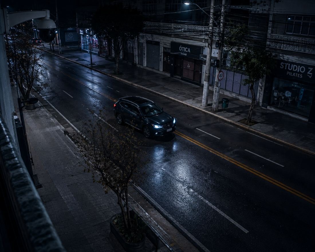 Carro em via à noite com moldura azul de detecção sobre o veículo e a placa visível